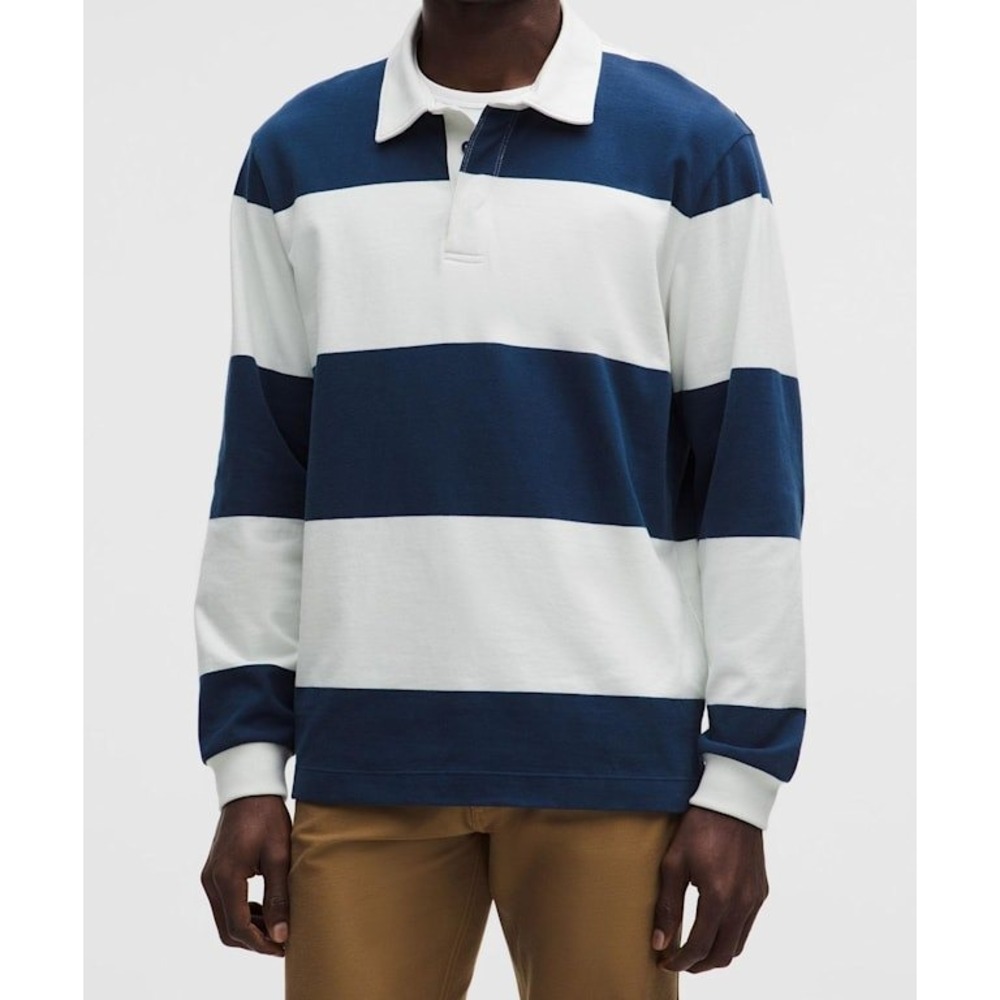 Lululemon Mens Long Sleeve Cotton Rugby Shirt Blue White  Polo Size XL